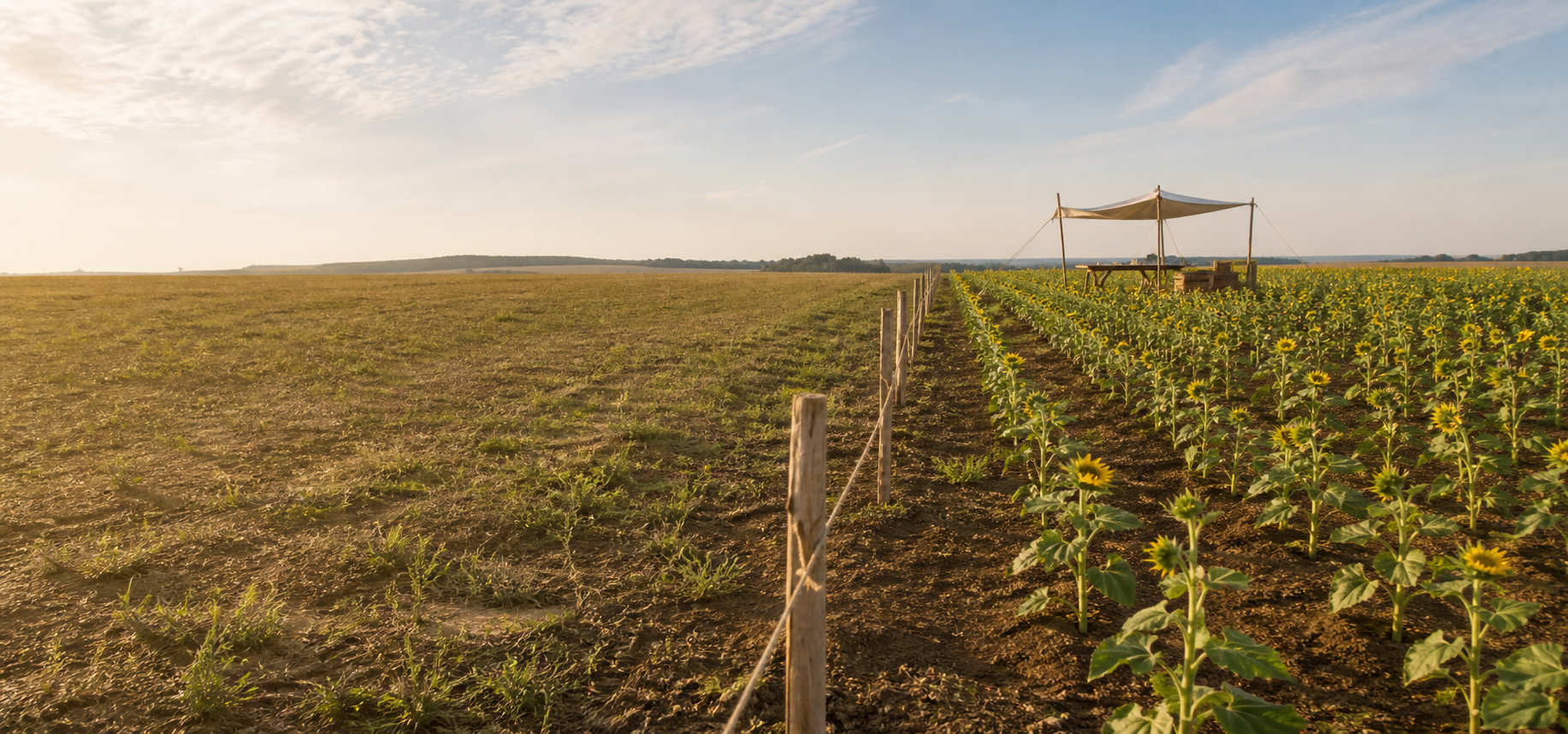 A sunlit survey boundary dividing open ground from a growing field, with a small research station in the distance.